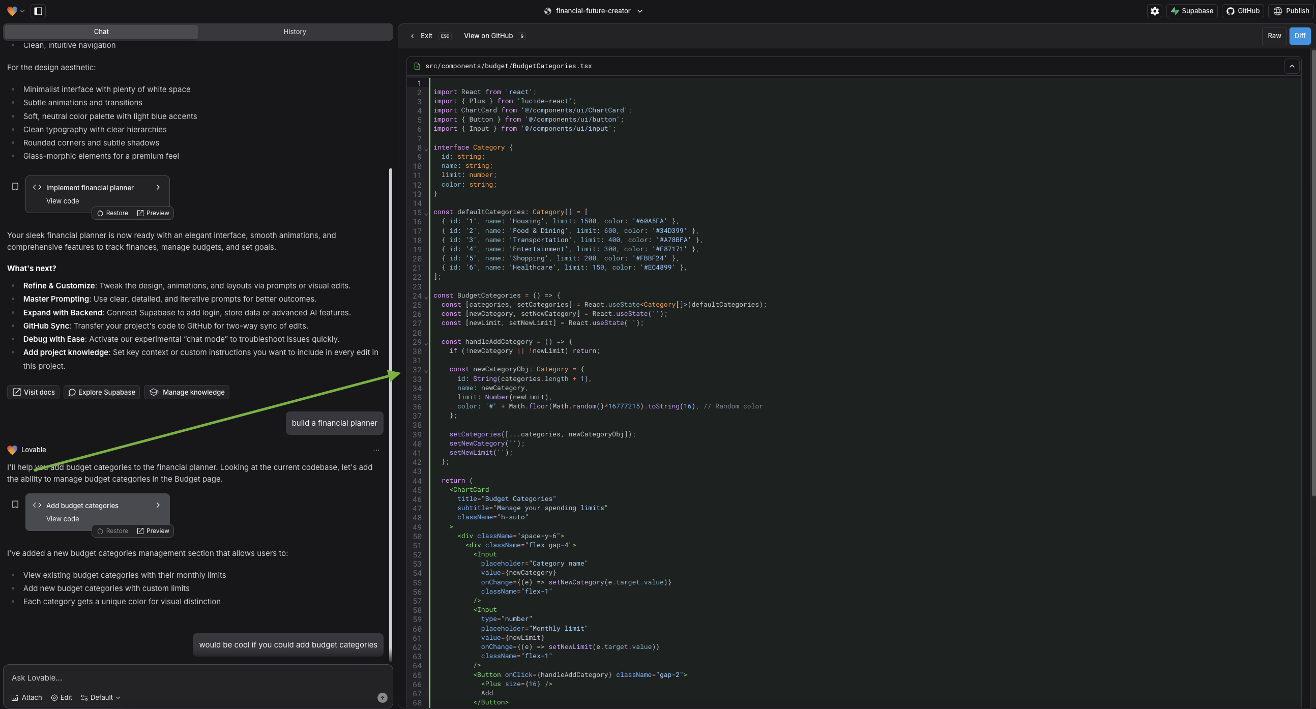 code diff viewer on Lovable